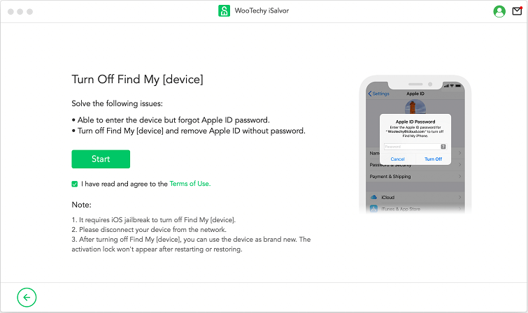 start to turn off find my device