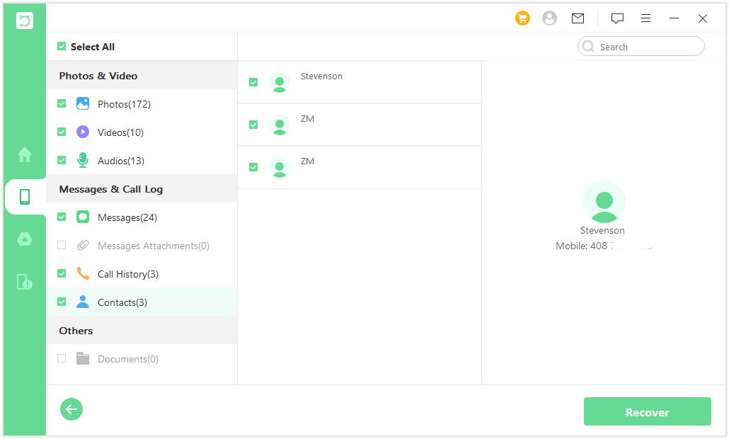 vista previa de los datos del teléfono iseeker android