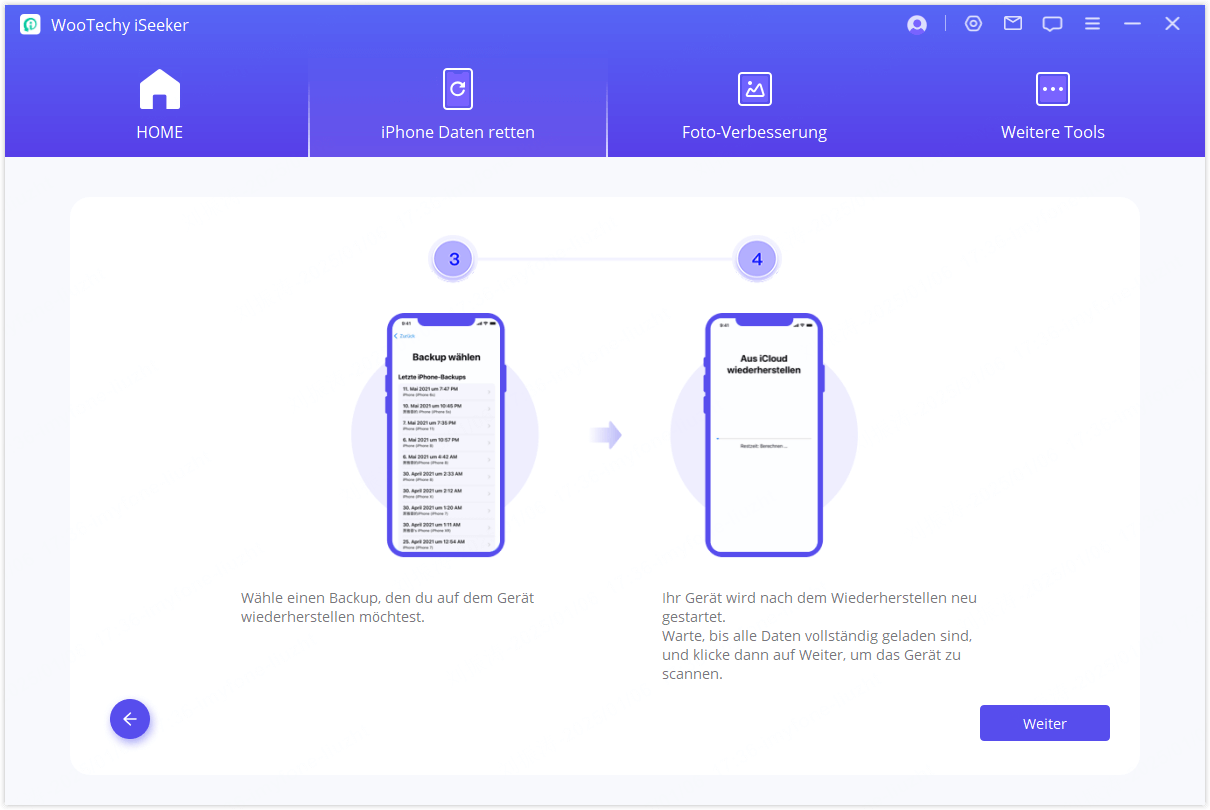 Seleccione el tipo de recuperación de la memoria iCloud