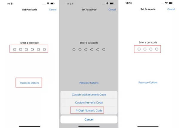 changer le code de 6 chiffres à 4 chiffres