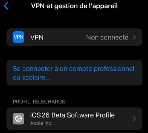 supprimer le profil iOS 26 bêta