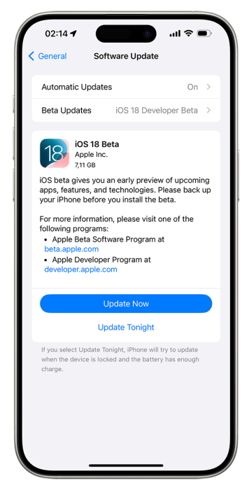 télécharger et installer la version bêta développeur d'ios 18