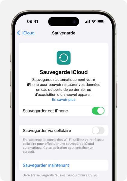 Sauvegarder l'iPhone via les paramètres avant la mise à jour iOS 26 bêta.