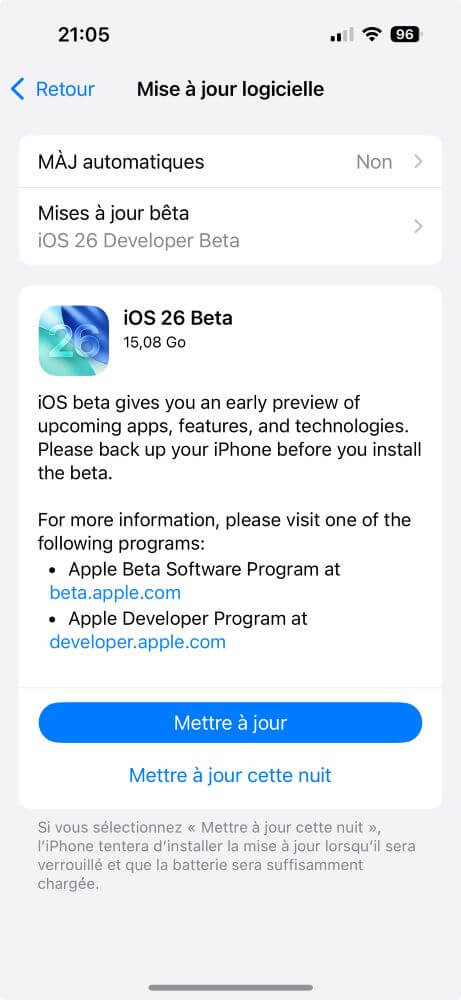Installer iOS 26 bêta