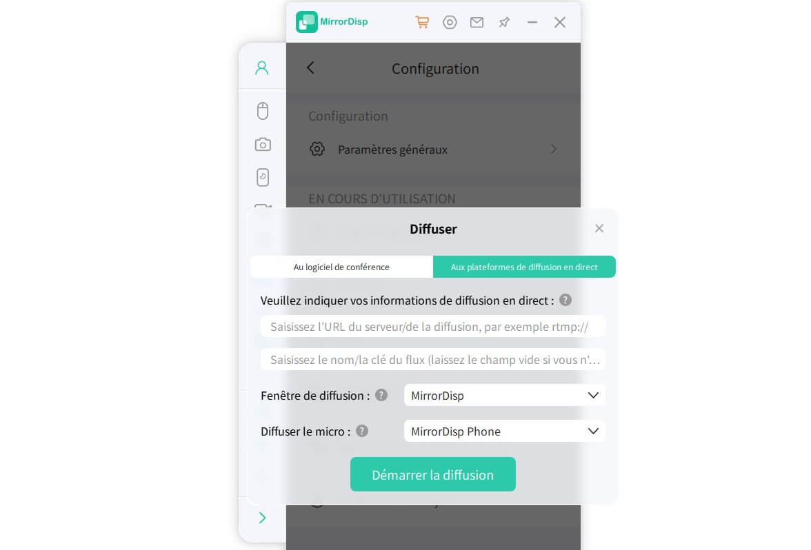 remplir le code de diffusion en direct dans mirrordisp