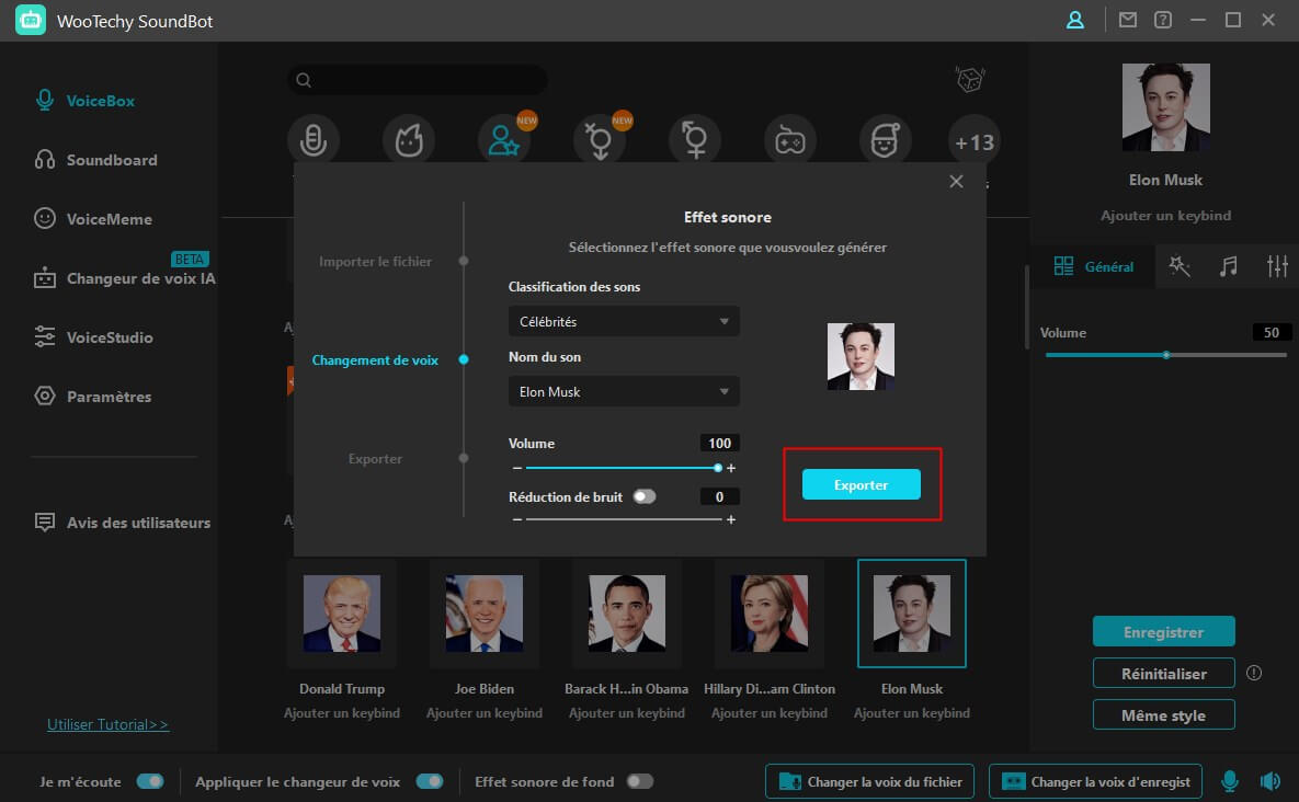 exporter le fichier audio elon musk ai voice dans wootechy soundbot