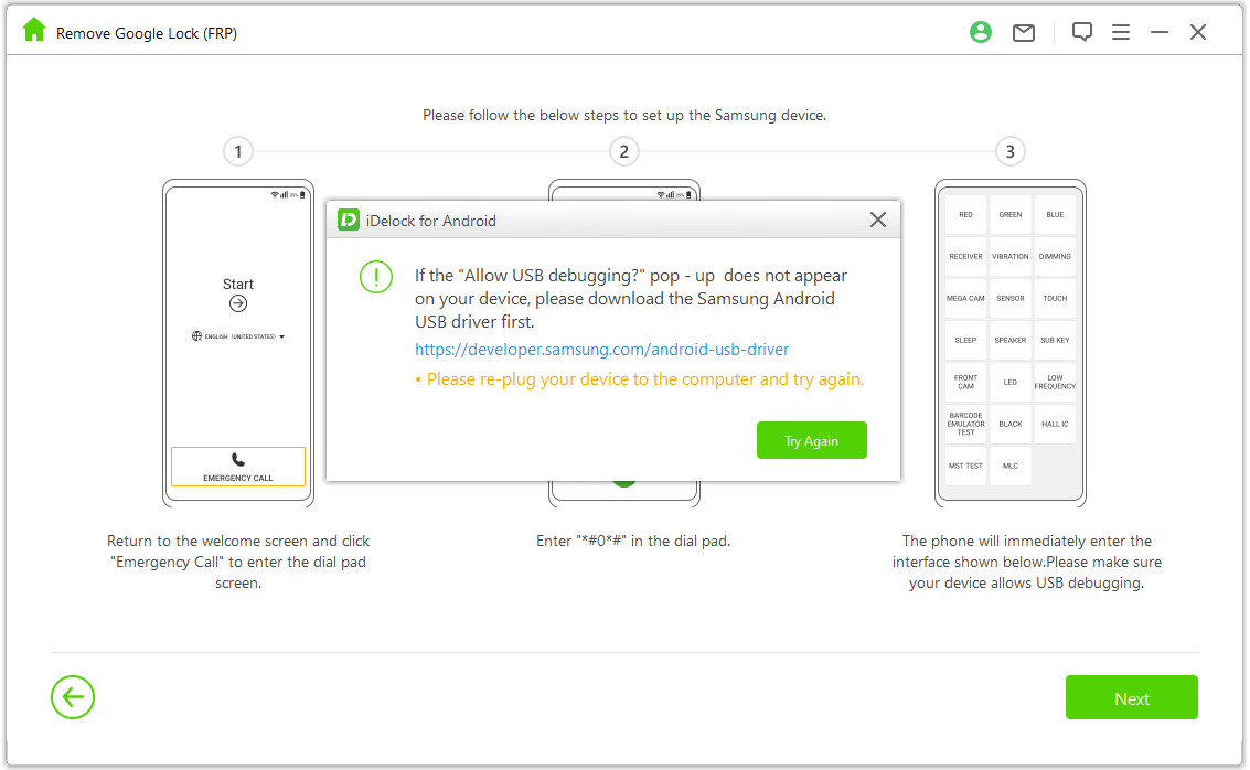 Fenêtre contextuelle affichée pour le débogage USB