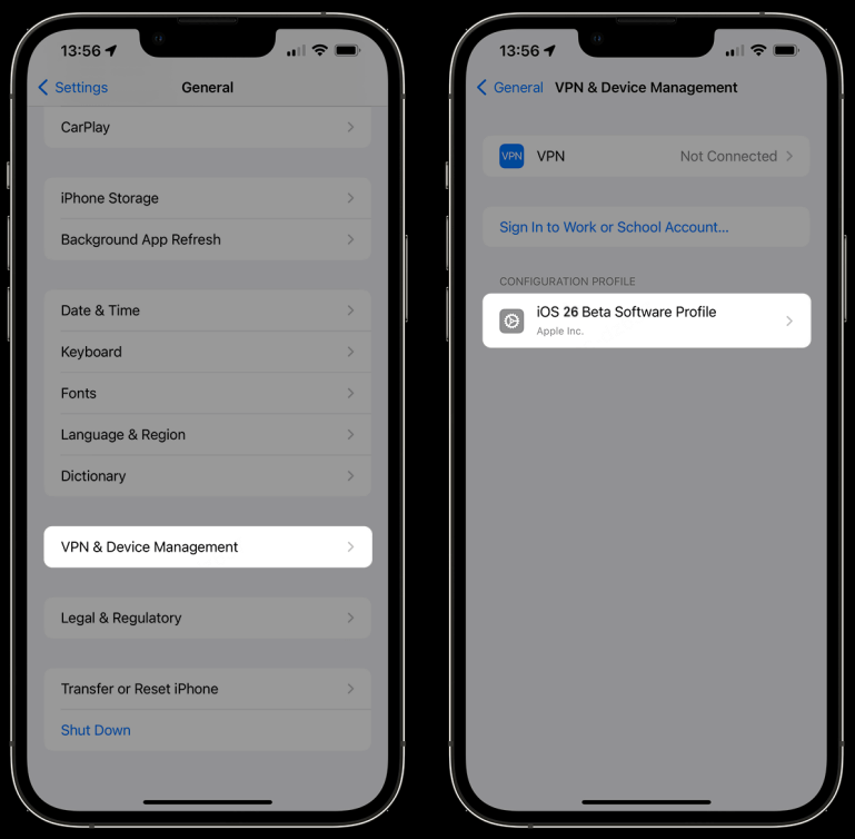 iOS 26 Beta-Profil löschen