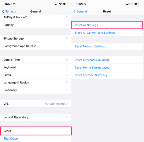 reset iPhone settings