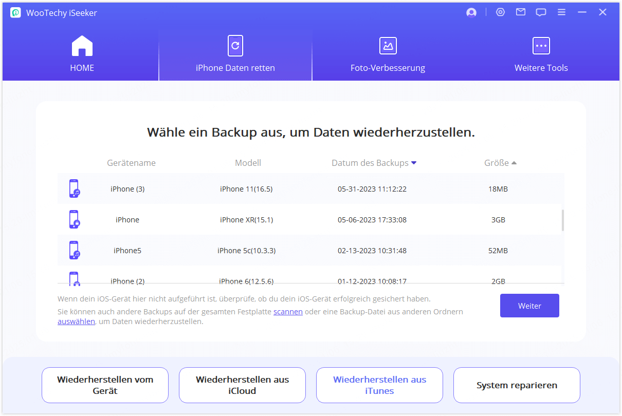 Wählen Sie iTunes Backup