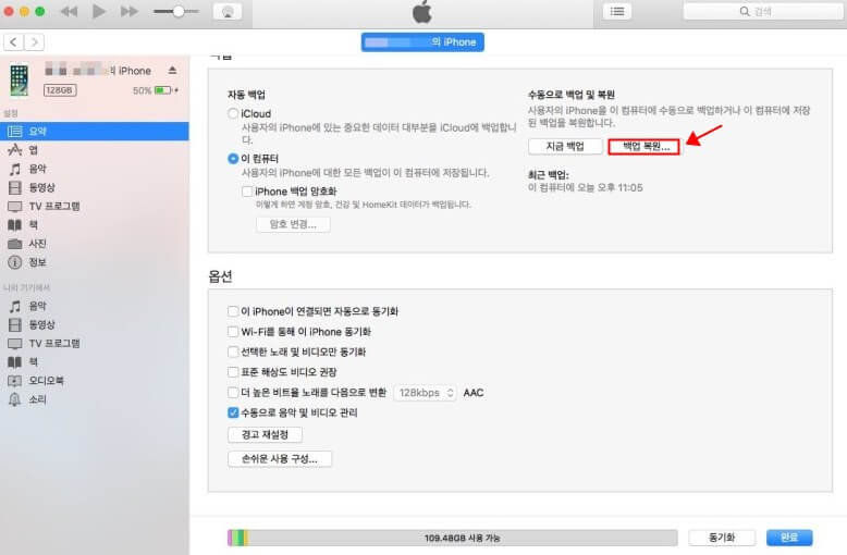 iTunes 백업 복원