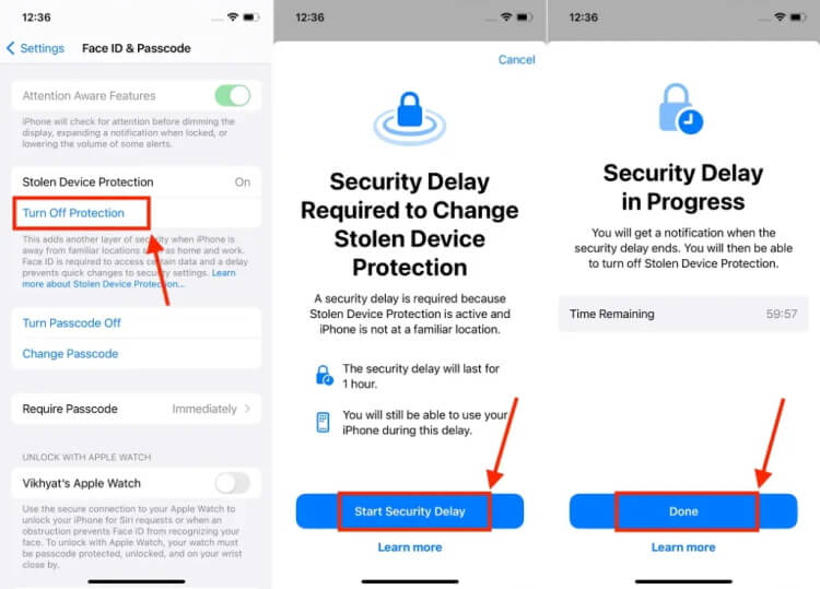 turn off stolen device protection on iphone